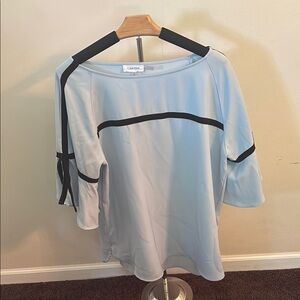 Calvin Klein Blue and White Boxy Tie Front Blouse
